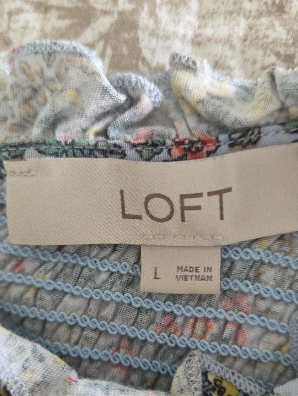 LOFT Floral Smocked Puff Sleeve Top - Gray with Red, Yellow & Green Floral Print